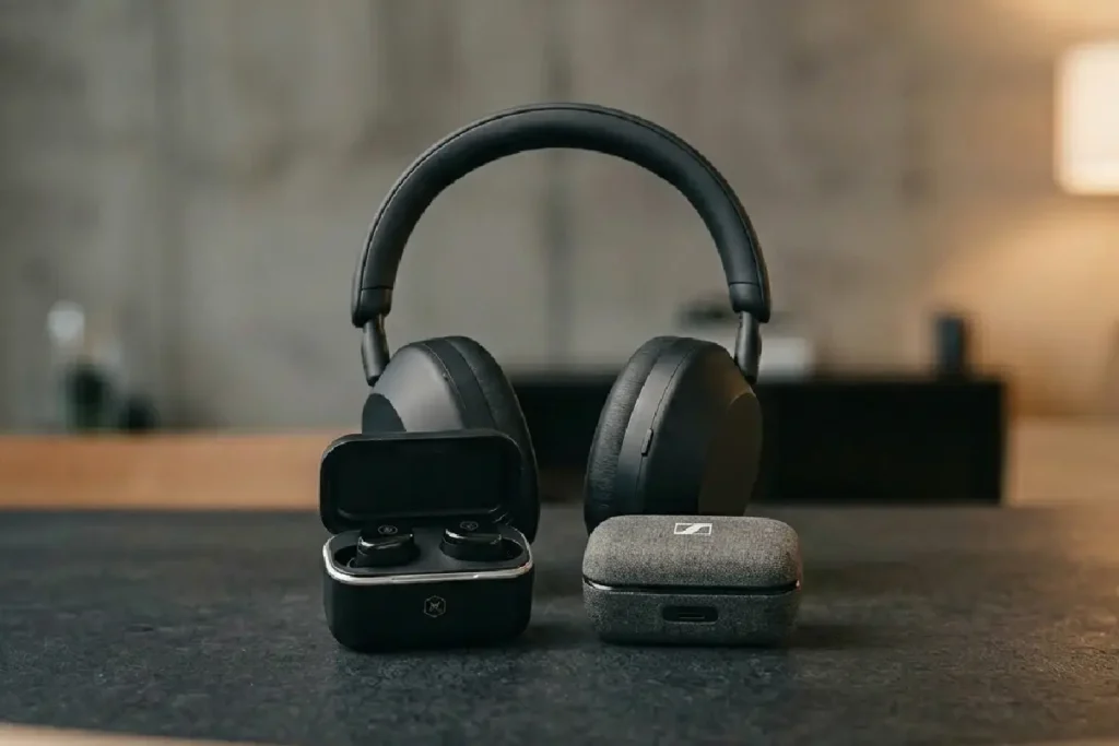 Fones de ouvido bluetooth earbuds e headphone sobre superfície moderna em 2026