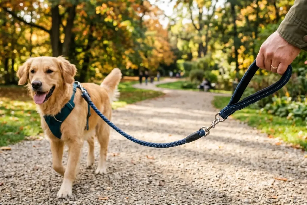 Cachorro usando guia pet durante passeio em ambiente externo