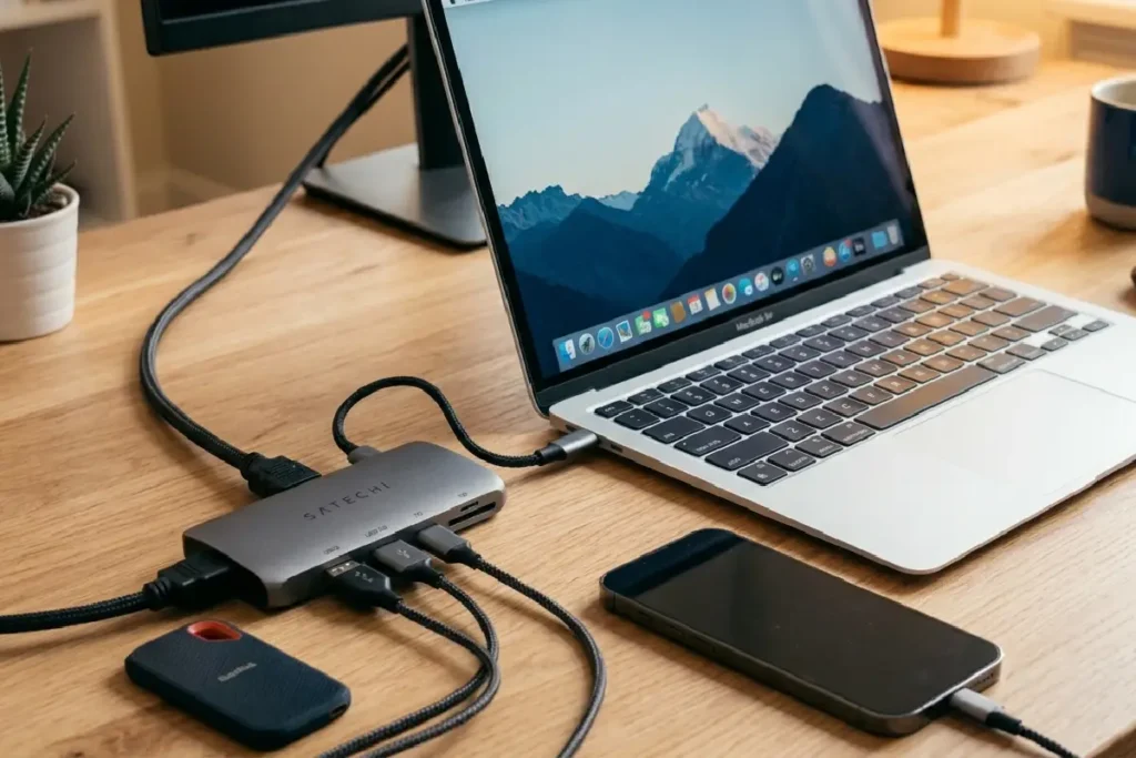 Hub USB-C compacto conectado a notebook moderno sobre mesa de trabalho organizada em 2026