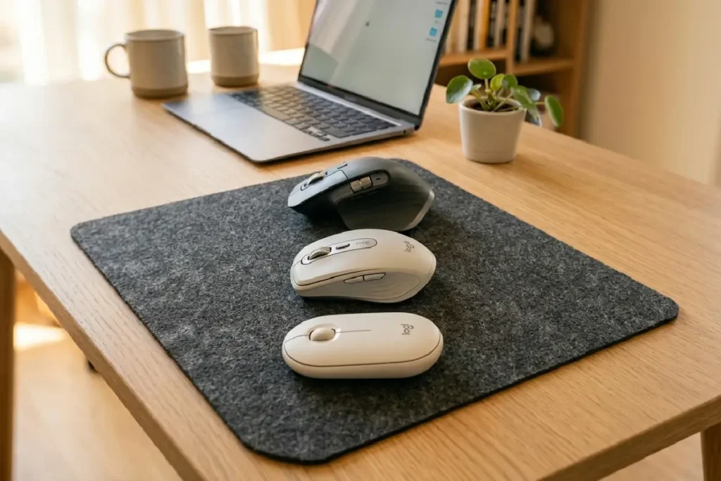 Mouses sem fio de diferentes perfis sobre mesa com mousepad em 2026