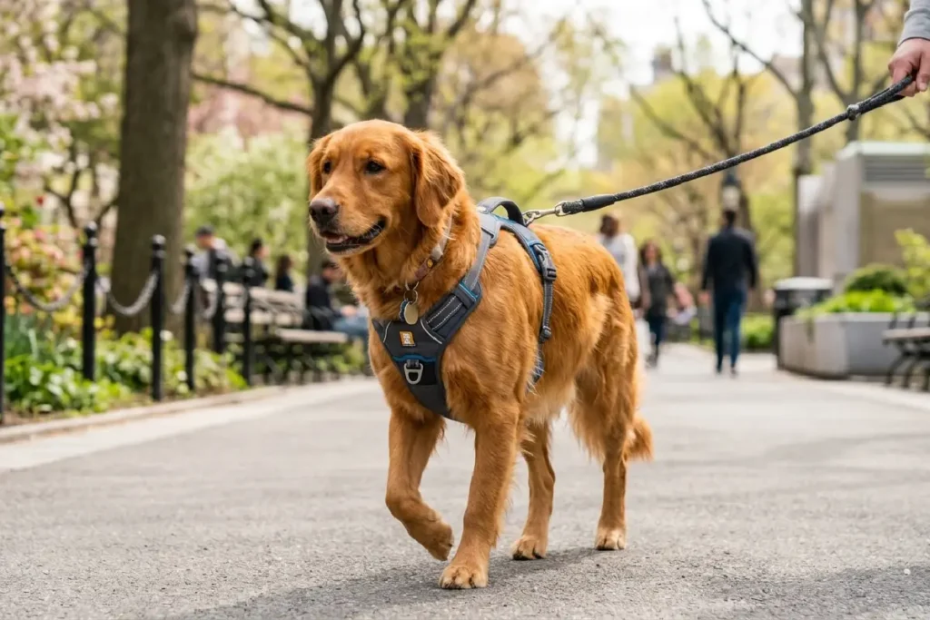 Cachorro usando peitoral pet confortável durante passeio