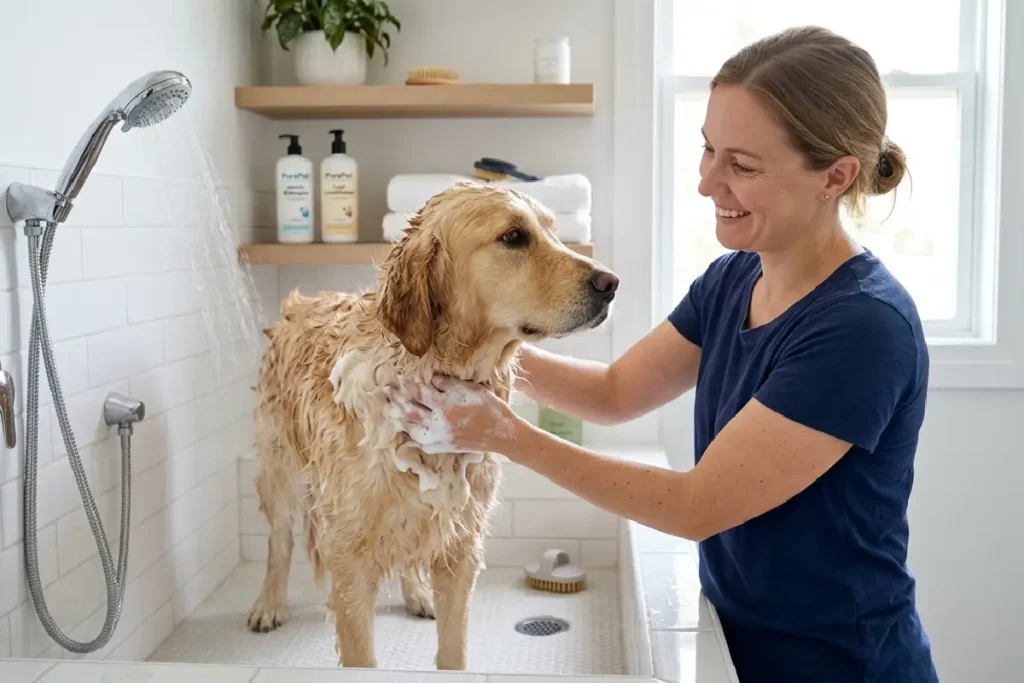 Cachorro sendo banhado com shampoo pet por tutor em ambiente limpo