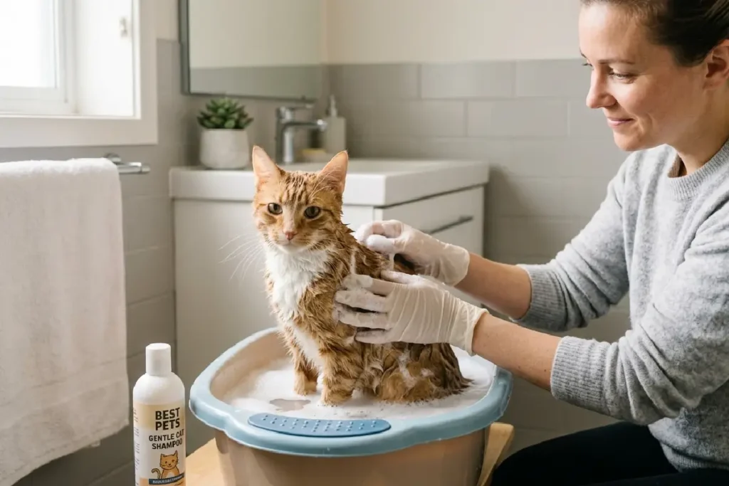 Gato sendo higienizado com shampoo pet suave em ambiente doméstico