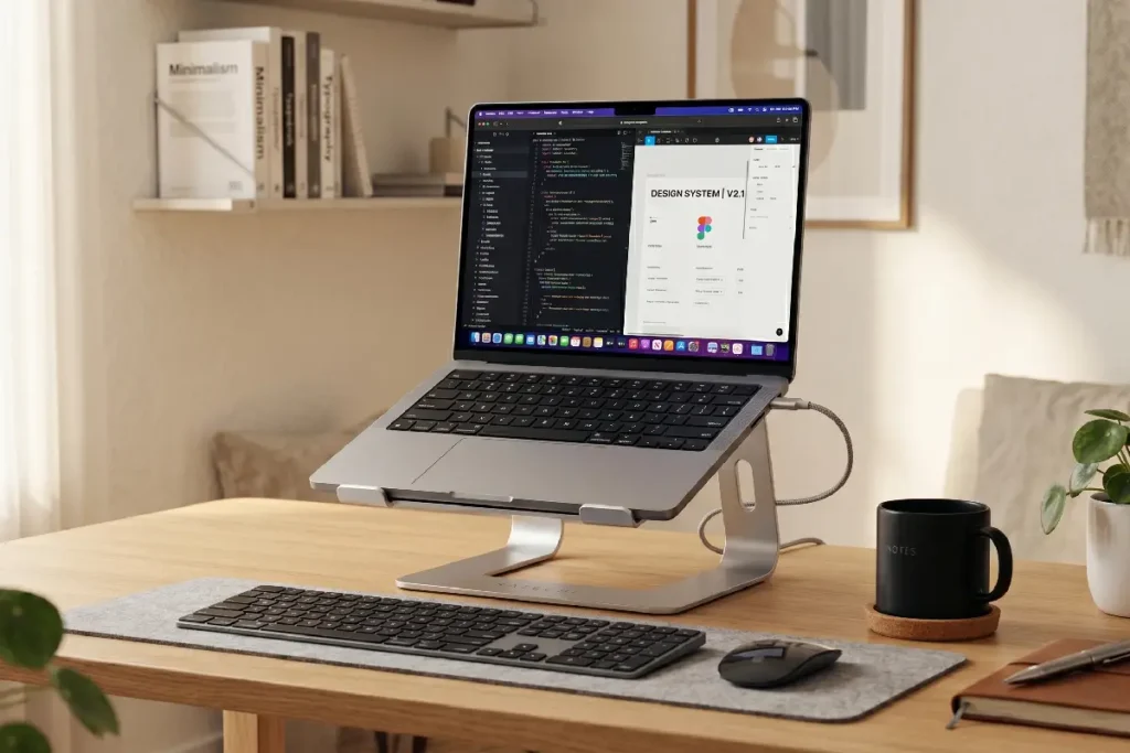 Notebook elevado em suporte de alumínio sobre mesa de home office moderna em 2026