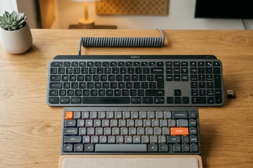 Teclados sem fio em tamanhos diferentes sobre mesa de trabalho moderna em 2026