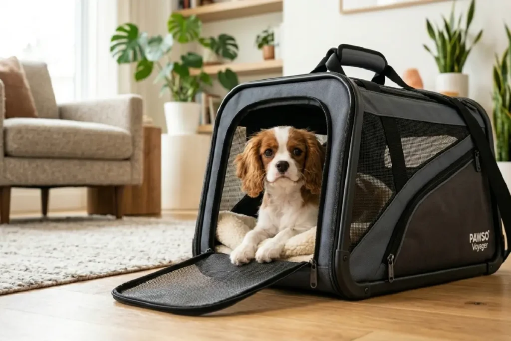 Pet dentro de transportadora segura e confortável para viagem