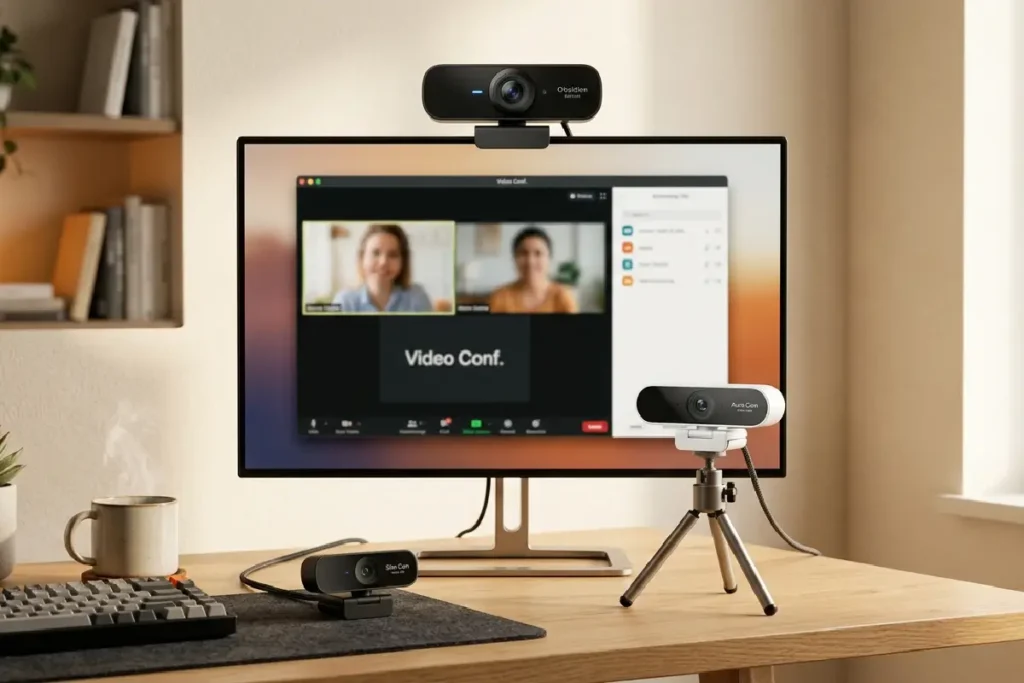 Webcams de diferentes modelos e resoluções sobre mesa de home office moderna em 2026