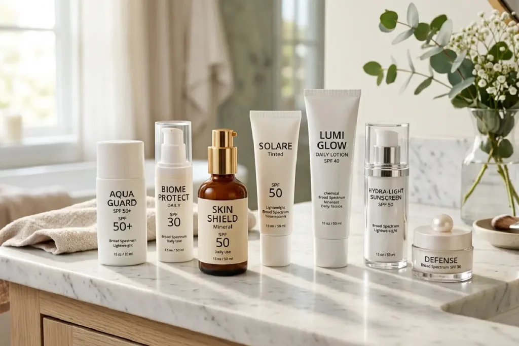 Melhores protetores solares faciais organizados em bancada de skincare
