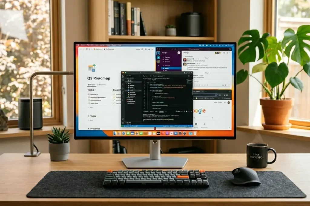 Monitor para home office de 27 polegadas sobre mesa moderna com setup produtivo em 2026