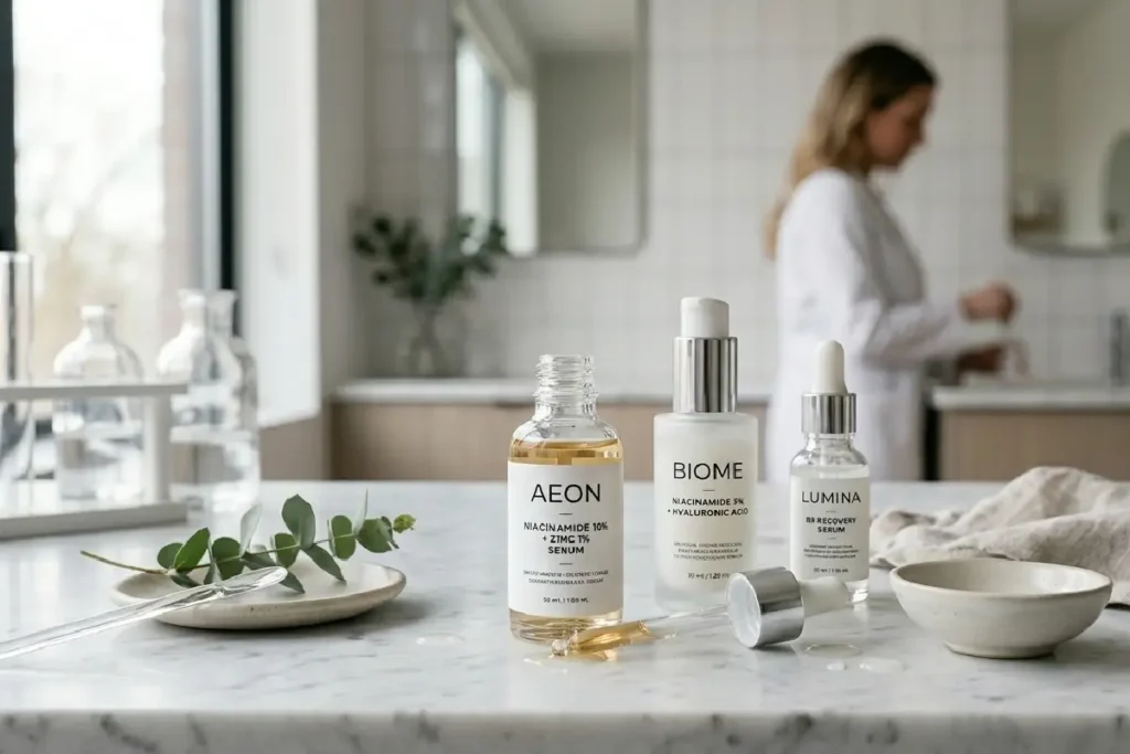 Sérum de niacinamida em ambiente de skincare moderno e elegante
