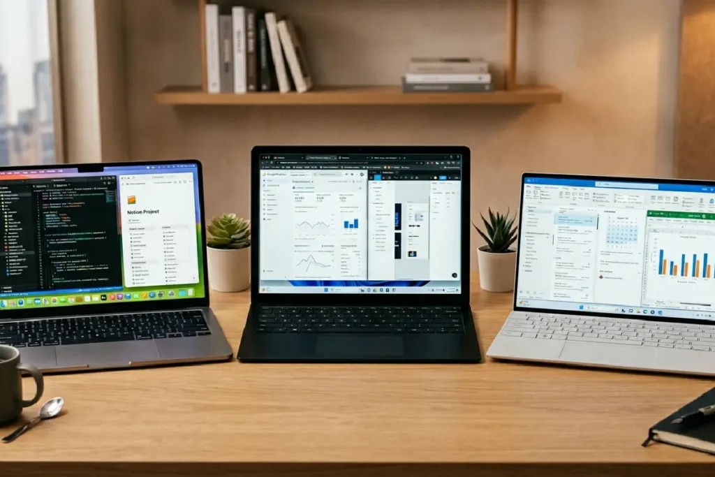 Notebooks abertos de diferentes marcas sobre mesa moderna mostrando telas com conteúdo de trabalho em 2026