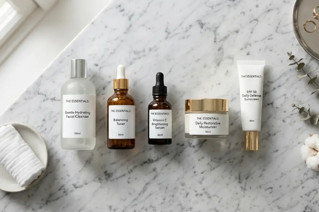 Produtos de skincare organizados na ordem correta de aplicação