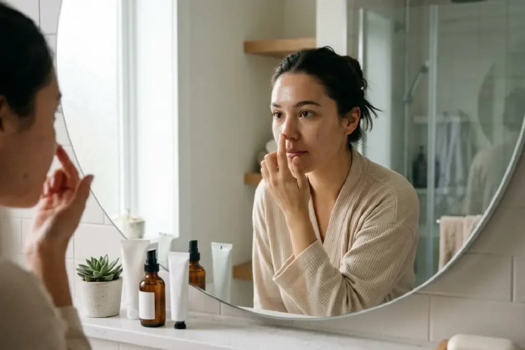 Mulher analisando pele oleosa durante rotina de skincare em frente ao espelho