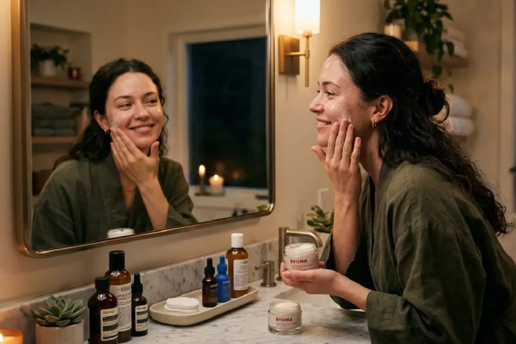 Mulher hidratando a pele seca durante rotina de skincare noturna
