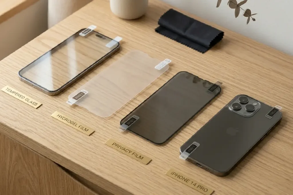 Películas para celular em vidro temperado, hidrogel e privacidade sobre superfície moderna em 2026