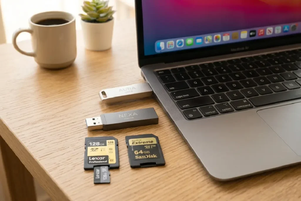 Pendrives e cartões de memória microSD de diferentes marcas sobre superfície moderna em 2026