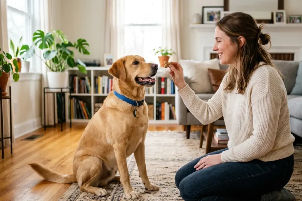 Tutor oferecendo petisco para cachorro de porte médio em ambiente doméstico
