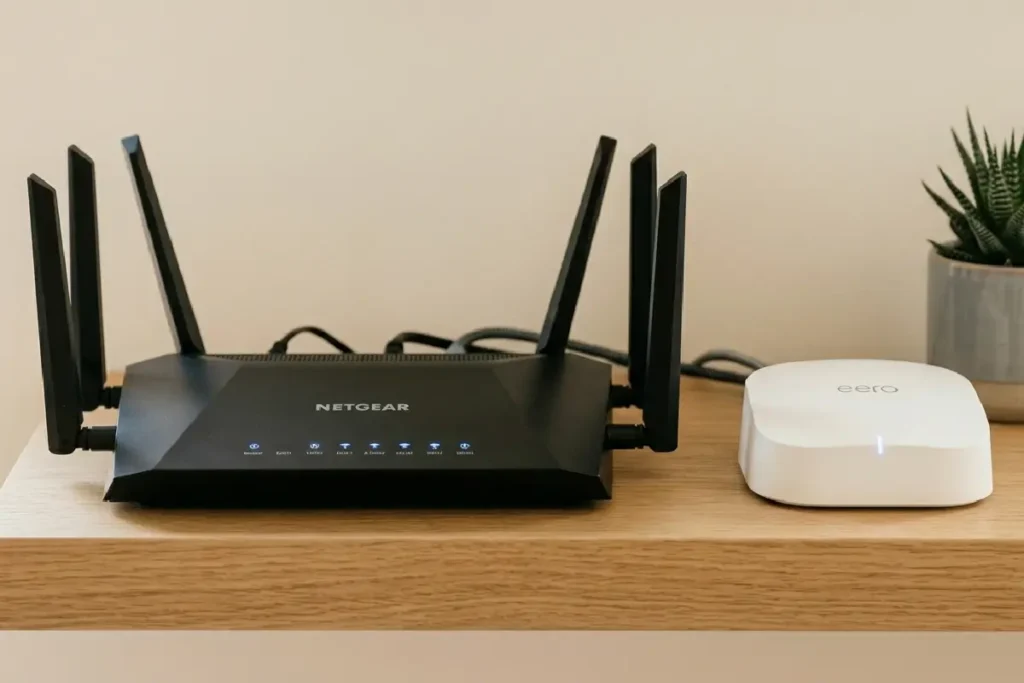 Roteadores Wi-Fi e sistema mesh de diferentes marcas sobre superfície moderna em 2026