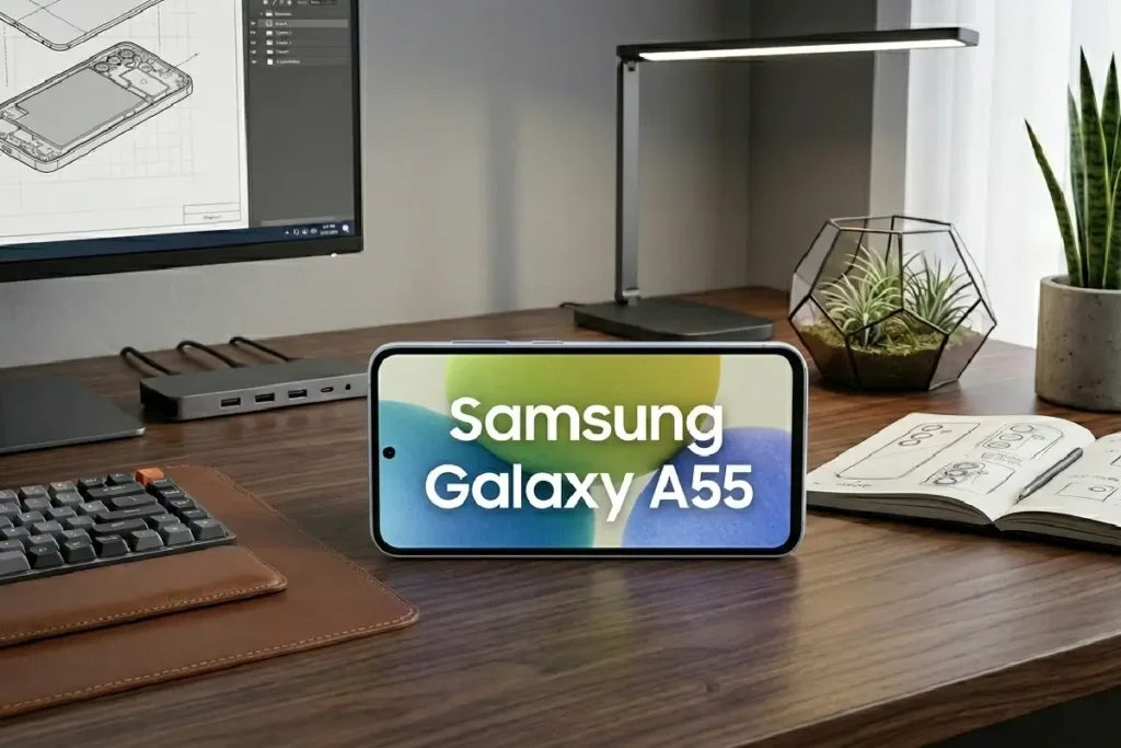 Samsung Galaxy A55 5G azul em mesa moderna bem iluminada, display ativado, foco em design premium e qualidade, aparelho 5G intermediário