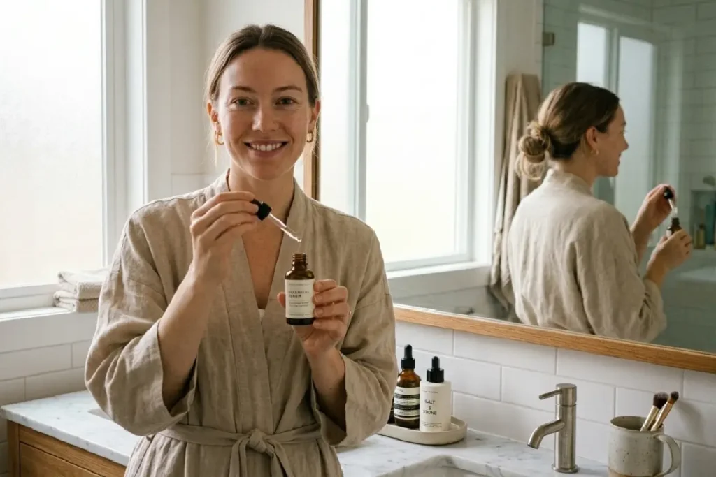Mulher aplicando sérum facial durante rotina de skincare