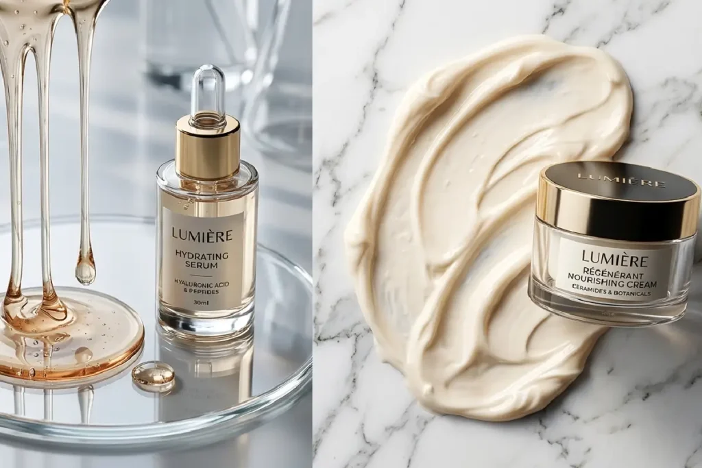 Comparação visual entre textura de sérum facial e creme hidratante para skincare