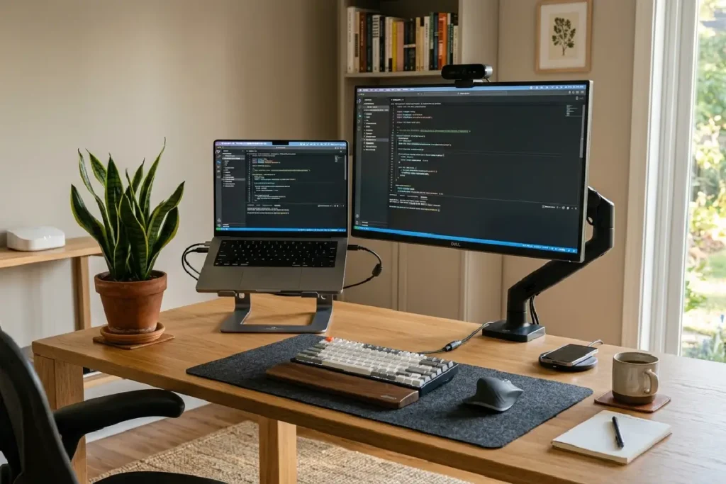 Setup de home office completo com monitor, notebook e periféricos organizados em 2026