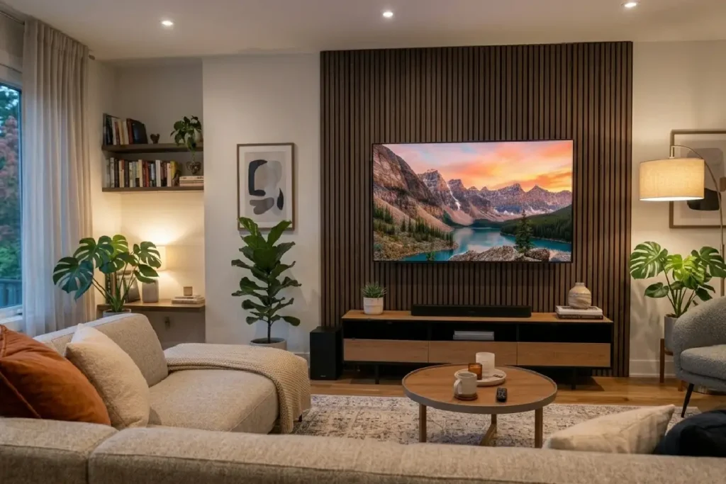 Smart TV 4K de 55 polegadas em sala de estar moderna com imagem vibrante em 2026