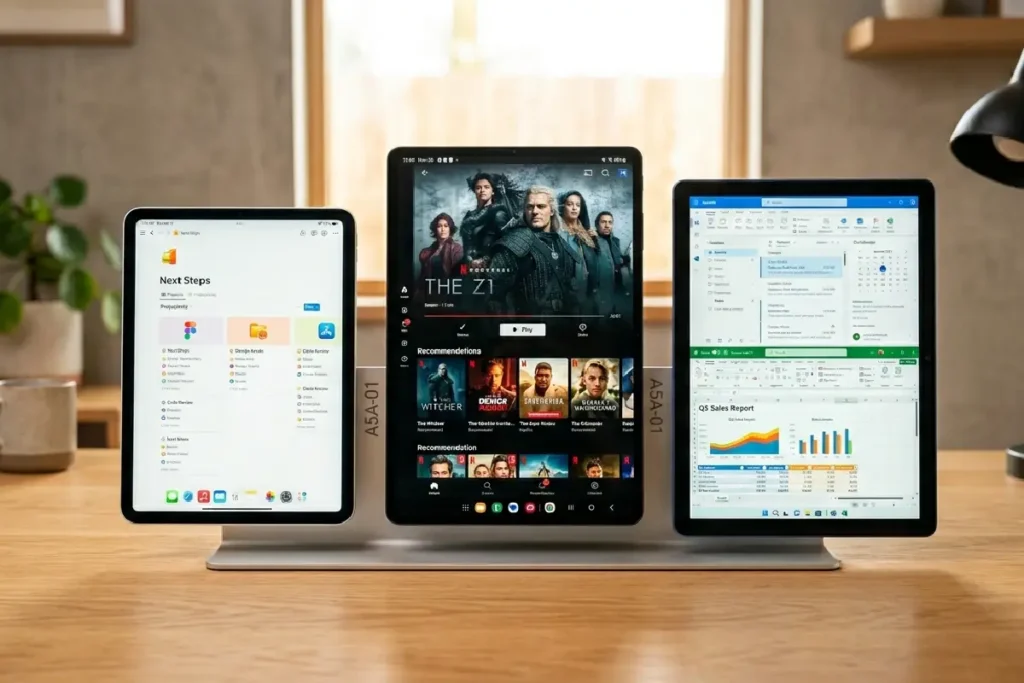 Tablets de diferentes marcas e tamanhos sobre superfície moderna em 2026