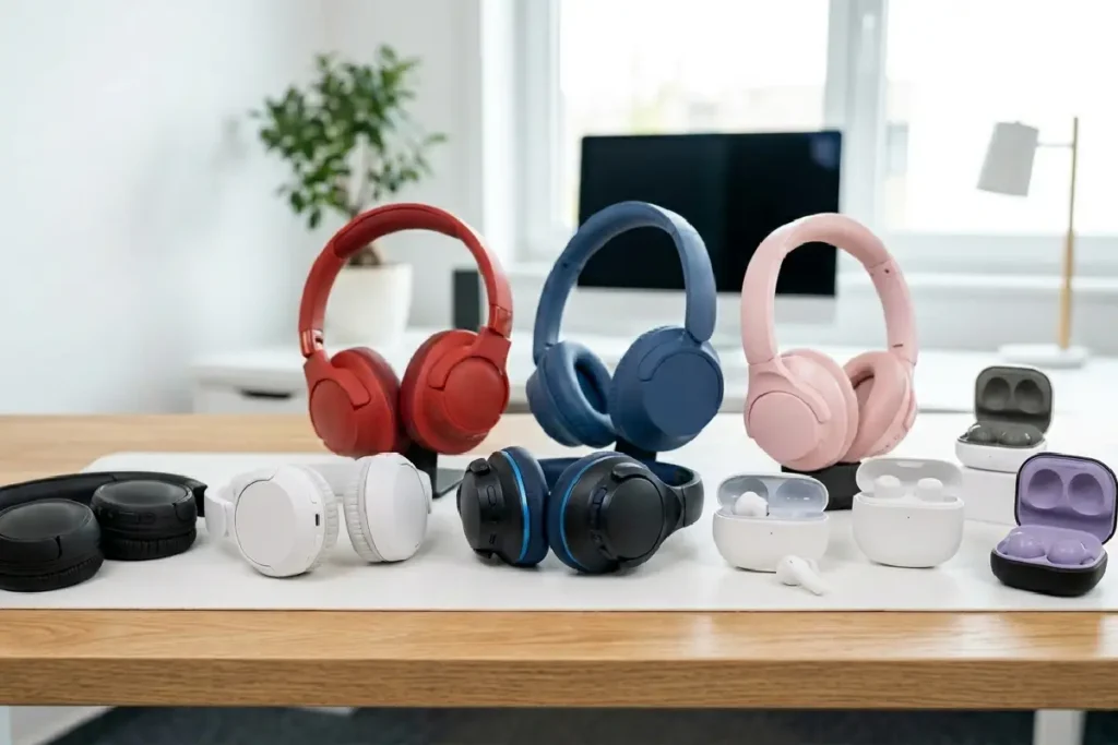 Top 10 fones Bluetooth até R$150 em mesa moderna, coleção de 10 modelos JBL Sony Anker Xiaomi Samsung, cores variadas, foco em custo-benefício 2026