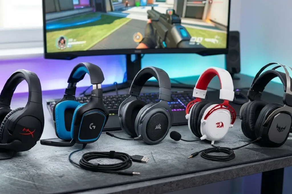 Top 5 Headsets Gamer em 2026: coleção de 5 modelos Hyperx Cloud Stinger Logitech G432 Corsair HS35 Redragon H510 ASUS TUF Gaming em setup gamer moderno com RGB, foco em custo-benefício 2026 audio gaming