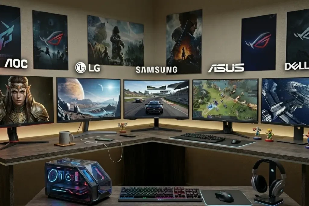 Top 5 Monitores Gamer até R$1.000 em setup moderno, coleção de 5 modelos AOC LG Samsung Asus Dell, cores variadas (preto, vermelho, azul), foco em custo-benefício 2026 gaming 144Hz