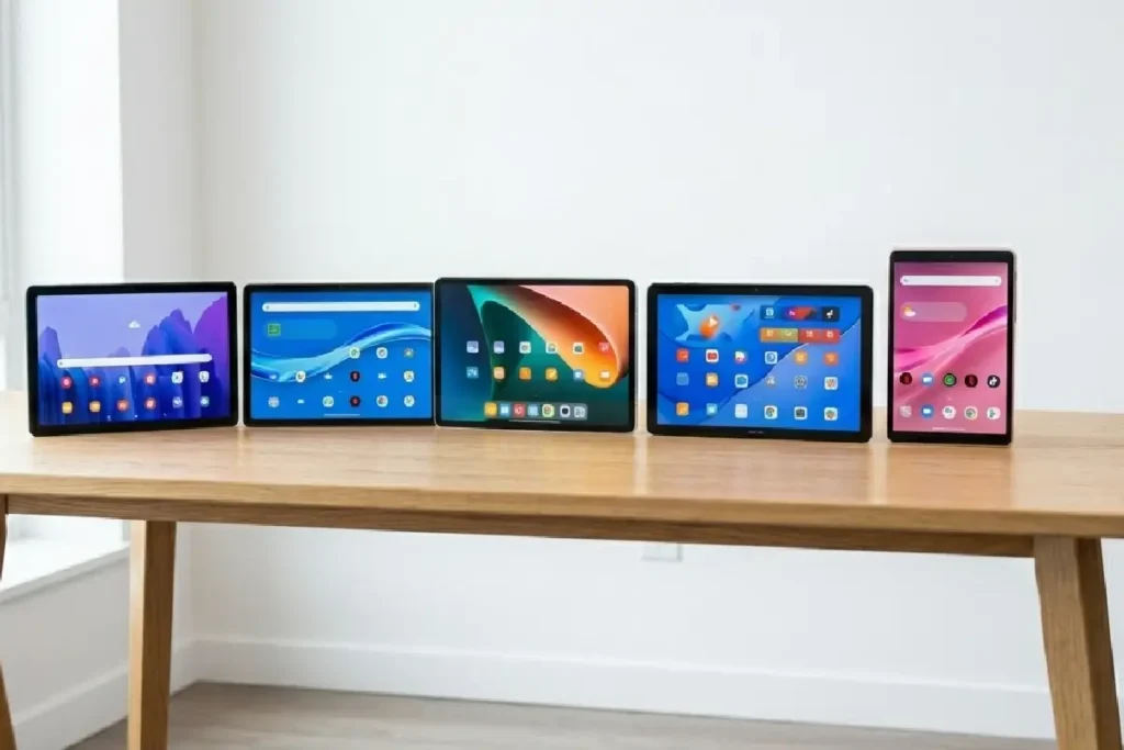 Top 5 Tablets até R$1.000 em mesa moderna, coleção de 5 modelos Samsung Galaxy Tab A7 Lenovo Tab M10 Xiaomi Pad 5, cores variadas (preto, azul, prata), foco em custo-benefício 2026
