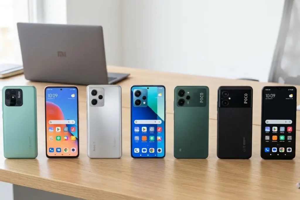 Top 7 celulares Xiaomi até R$1.000 em mesa moderna, coleção de 7 modelos Redmi Note POCO, cores variadas (preto, azul, verde, rosa), foco em custo-benefício 2026