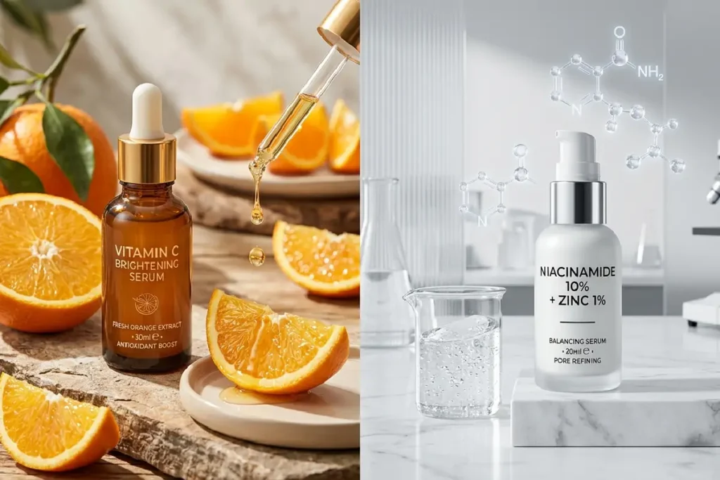 Comparação visual entre vitamina C e niacinamida em produtos de skincare