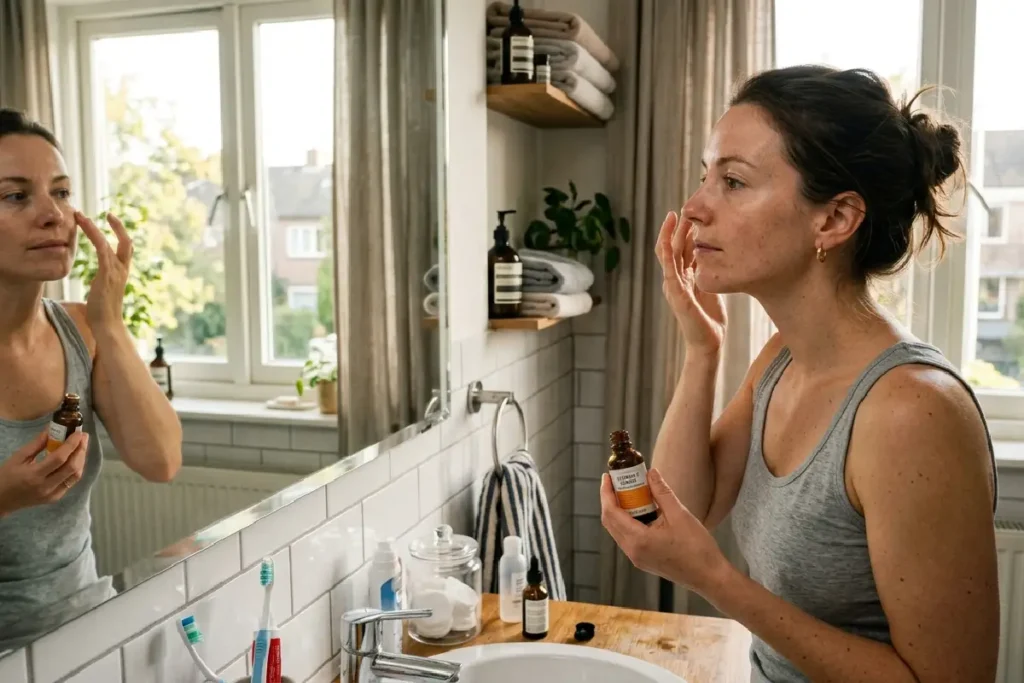 Sérum de vitamina C usado em rotina de skincare