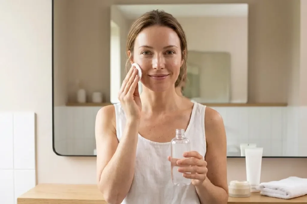 Mulher utilizando água micelar com disco de algodão durante sua rotina de limpeza facial em um banheiro moderno.