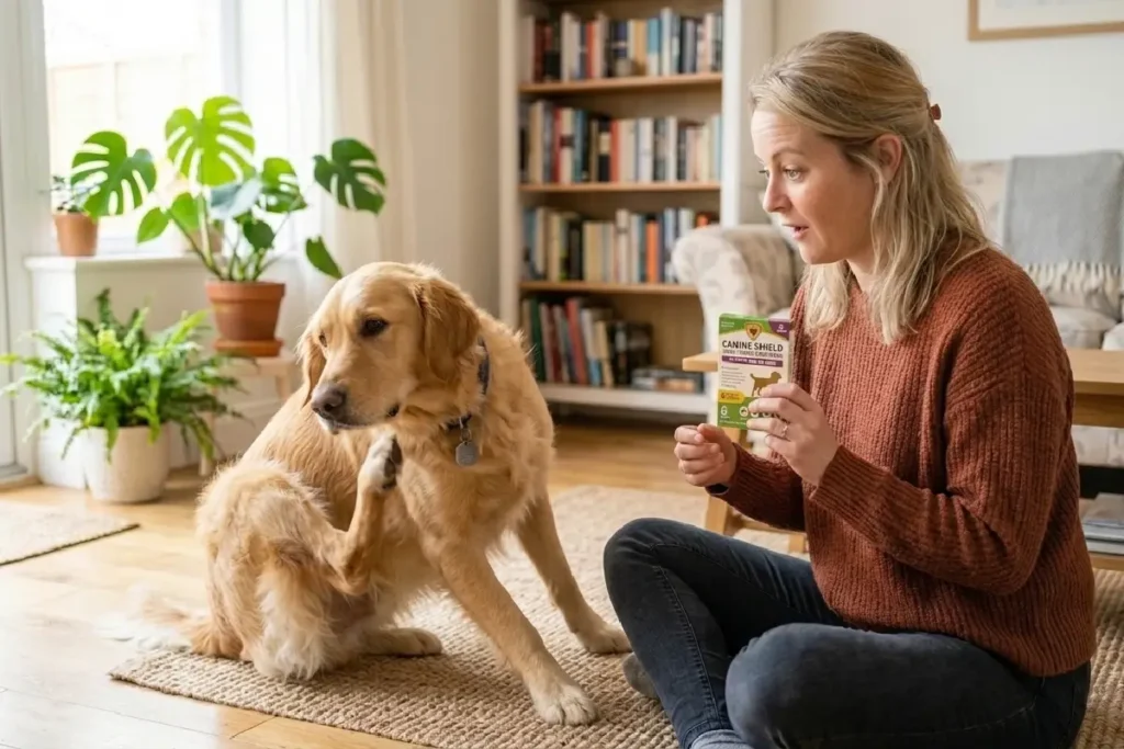 Tutor oferecendo comprimido antipulgas para cachorro dourado em ambiente doméstico