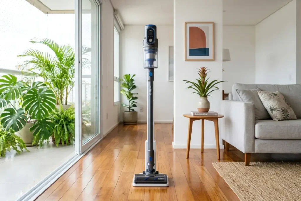 Aspirador de pó vertical sem fio em sala de estar moderna
