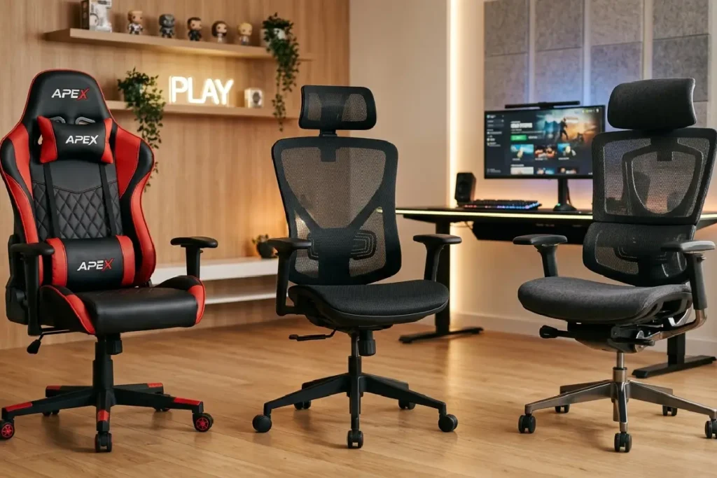 Cadeiras gamer em diferentes estilos e materiais em ambiente de setup moderno em 2026