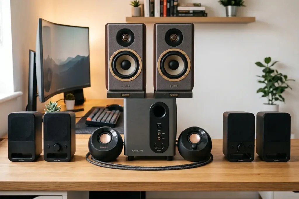 Caixas de som para PC em diferentes sistemas e tamanhos sobre mesa de setup em 2026