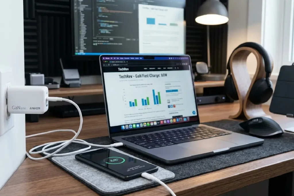 Carregador GaN USB-C compacto carregando smartphone e notebook em uma mesa moderna de trabalho.
