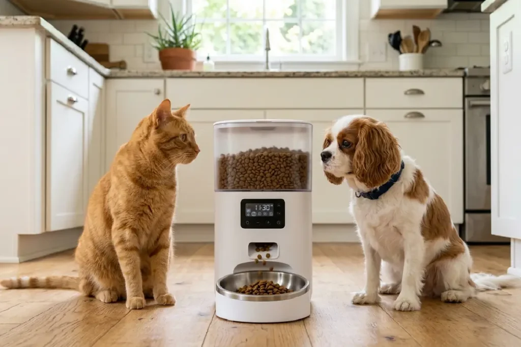 Gato e cachorro observando comedouro automático digital dispensar ração em cozinha doméstica