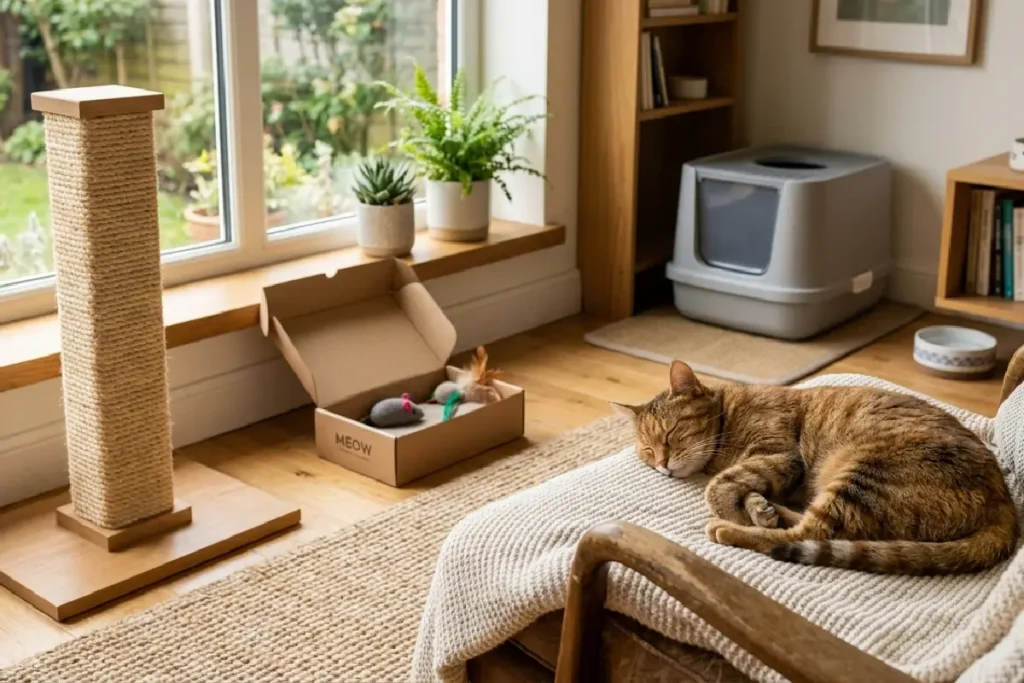 Gato relaxado em casa, em um ambiente tranquilo e acolhedor.