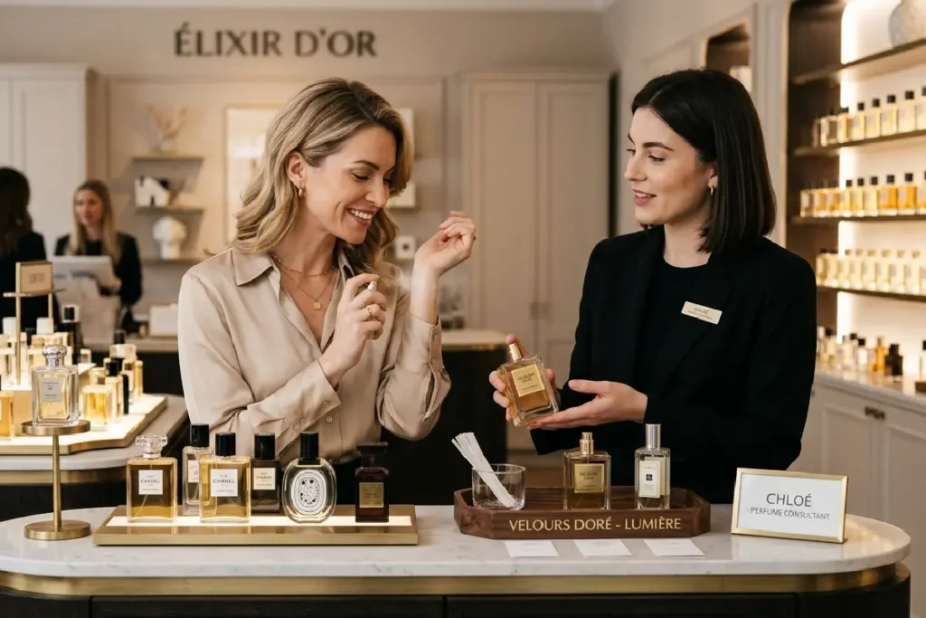Mulher experimentando perfume em uma perfumaria para escolher a fragrância ideal.