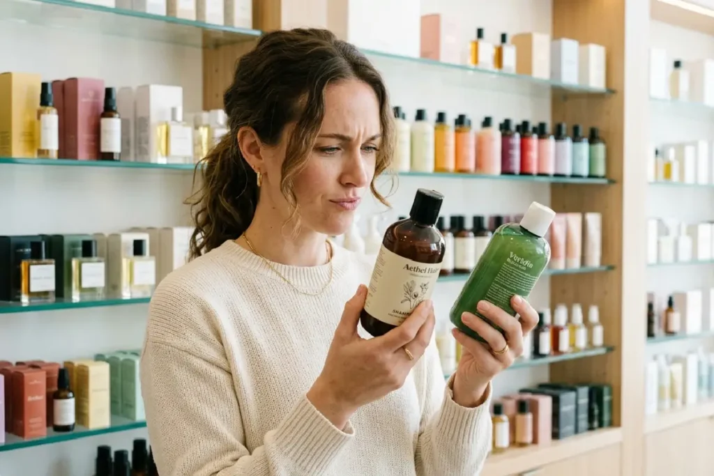 Mulher escolhendo o shampoo ideal para seu tipo de cabelo