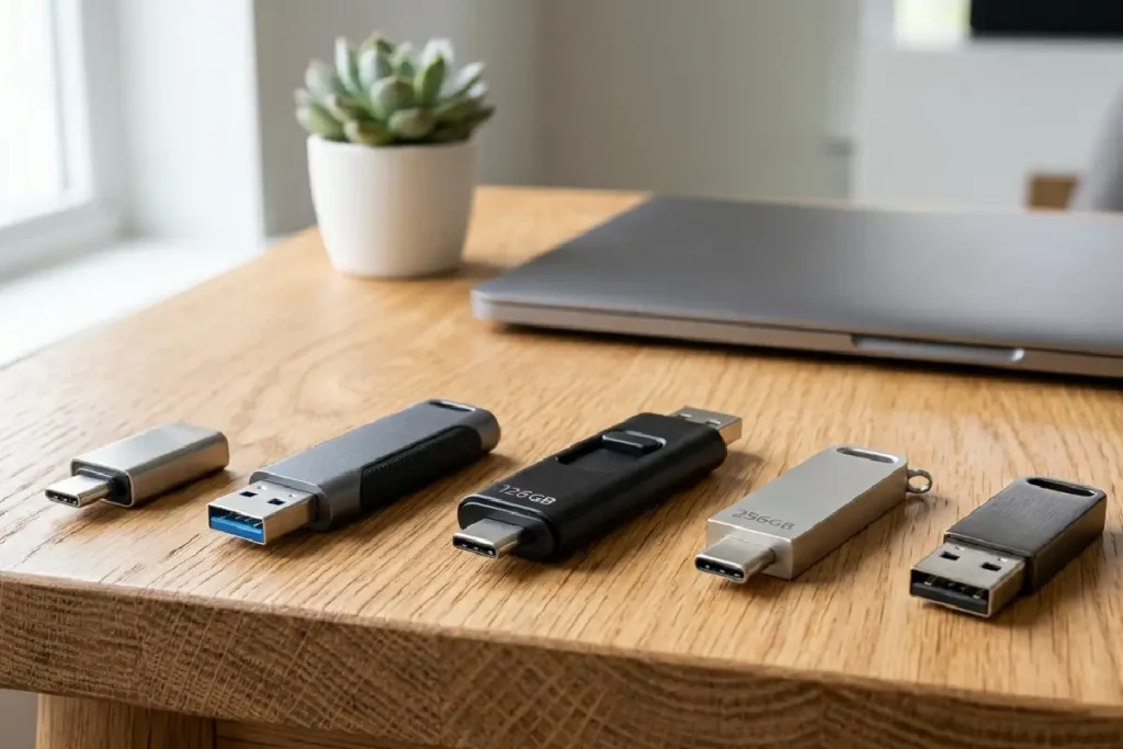 Pendrives modernos USB-C e USB 3.2 sobre uma mesa representando diferentes capacidades de armazenamento.