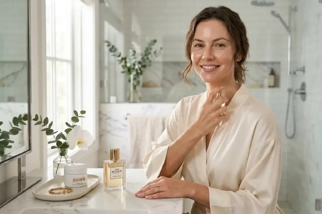 Mulher aplicando perfume no pescoço após hidratar a pele para aumentar a fixação da fragrância.