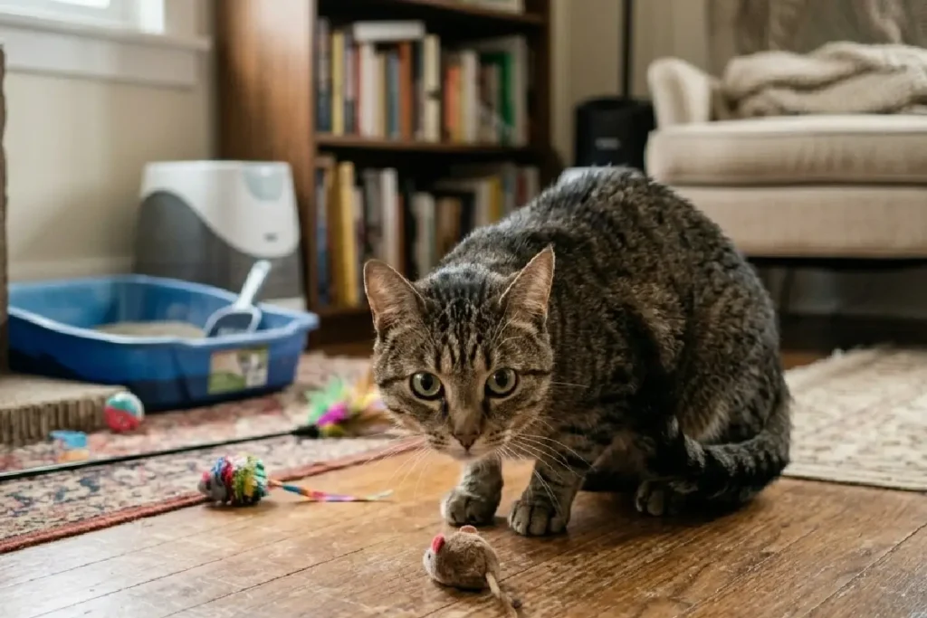 Gato com sinais de estresse em ambiente doméstico