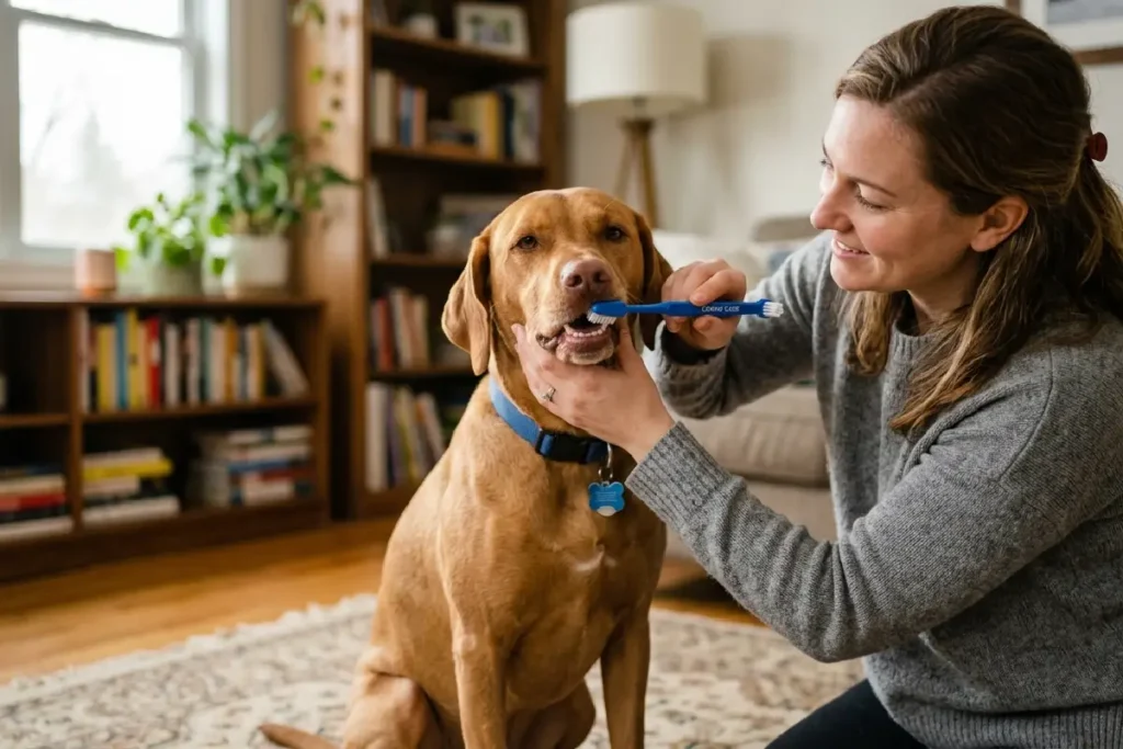Tutor escovando os dentes de cachorro com escova dental canina