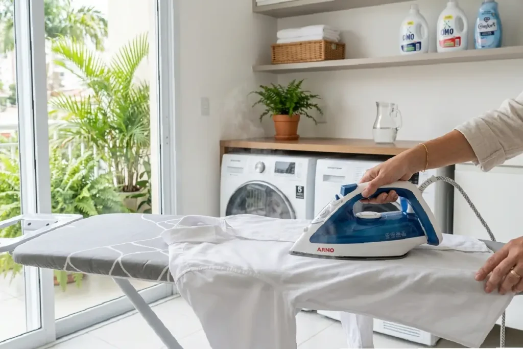 Ferro de passar roupa a vapor sobre tábua de passar com camisa branca